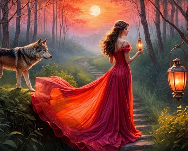 Young Woman in Red Gown with Wolf in Twilight Forest