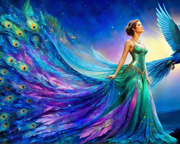 Elegant Woman in Gown with Peacock Feathers and Stars