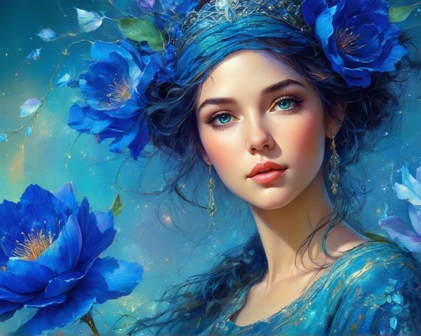 Young woman with blue flower crown in dreamy setting