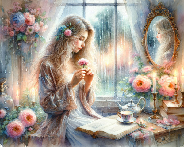 Watercolor of a woman with flowers by a rainy window