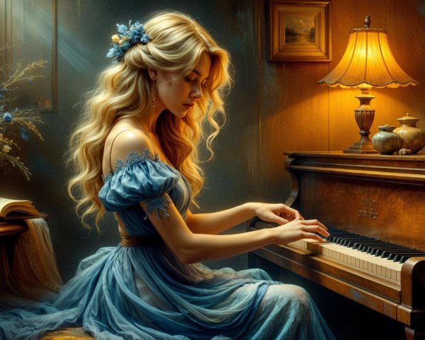 Young Woman at Grand Piano in Cozy Room Setting