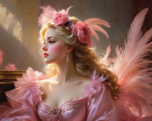 Elegant Woman in Lavish Pink Gown with Feathers