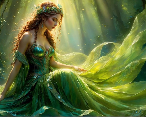 Serene Forest Scene with Woman in Green Gown