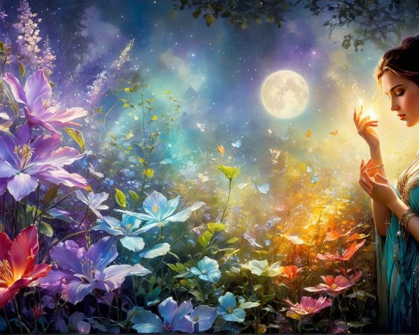 Mystical Garden Scene with Moonlit Serenity and Butterflies