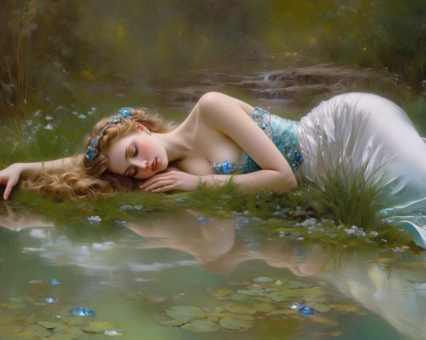 Young Woman in Silver Gown by Tranquil Pond