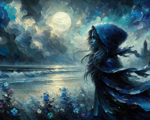 Cloaked Woman on Beach at Night with Moon and Castle