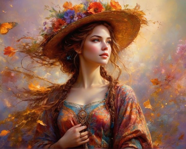 Young woman in floral dress with serene autumn backdrop