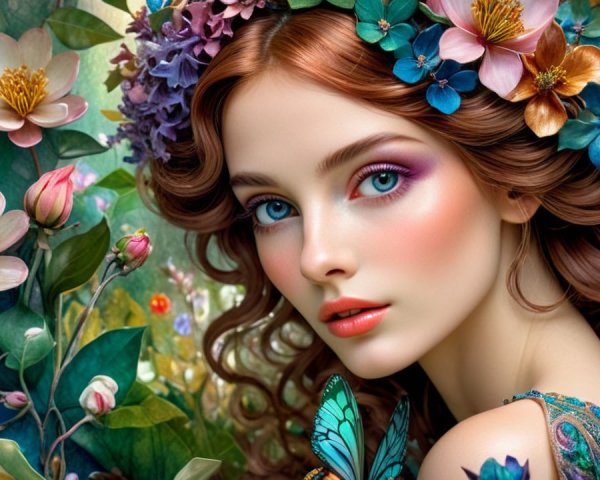 Young woman with red hair and floral backdrop