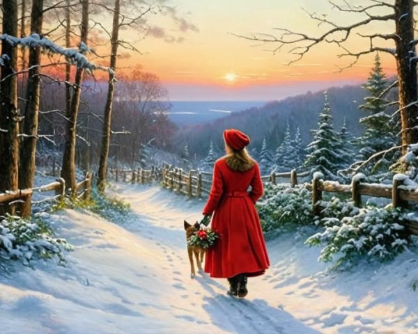 Woman in red coat walks snowy path with dog