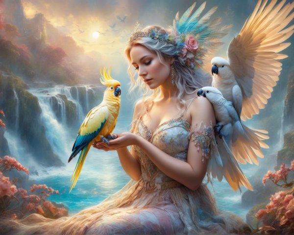 Serene woman with flowers and colorful parrot in nature