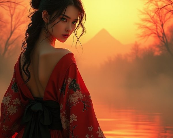 Young Woman in Red Kimono by Serene Sunset Water
