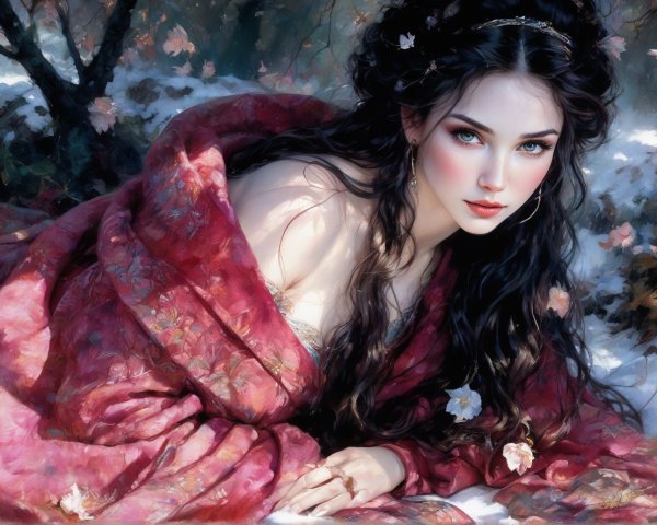 Woman in Red Blanket on Snowy Landscape with Leaves