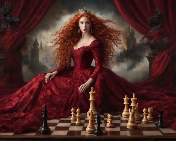 Regal Figure in Red Gown at Chessboard Scene