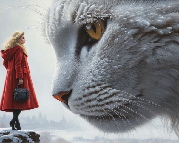 Surreal Winter Scene with Woman and Giant White Cat