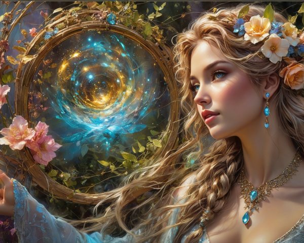 Mystical Woman with Orb in Enchanted Greenery