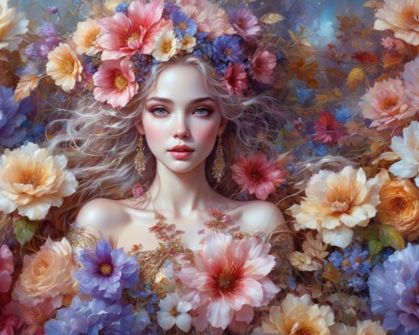 Young woman with floral crown in vibrant nature setting