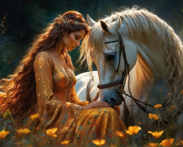 Woman in golden gown with white horse in serene forest