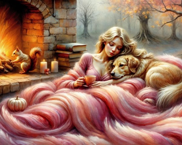 Cozy Autumn Scene with Woman, Dog, and Decor Elements