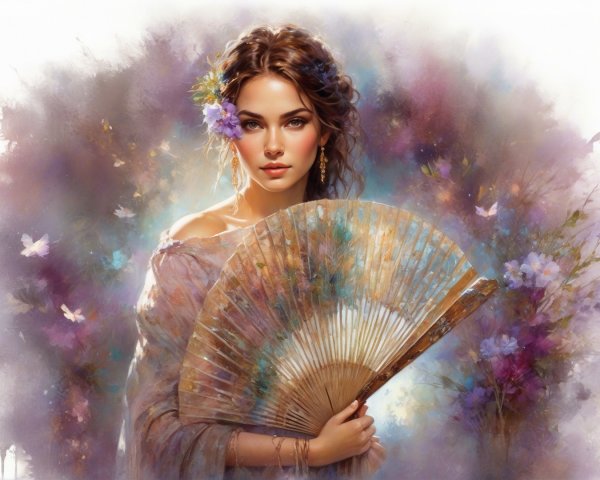 Young woman with fan in pastel floral setting