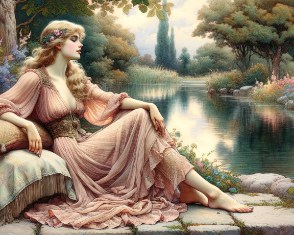 Serene Woman in Pink Dress by Tranquil Pond