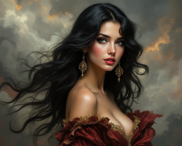 Elegant Woman in Red Gown with Black Hair and Gold Accents