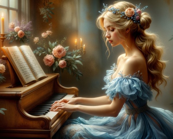 Young woman in blue gown playing piano with candles
