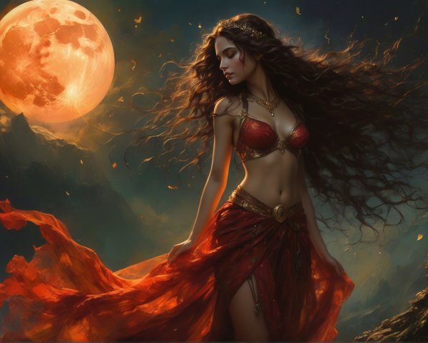 Mystical Figure in Red Attire Against Dramatic Landscape