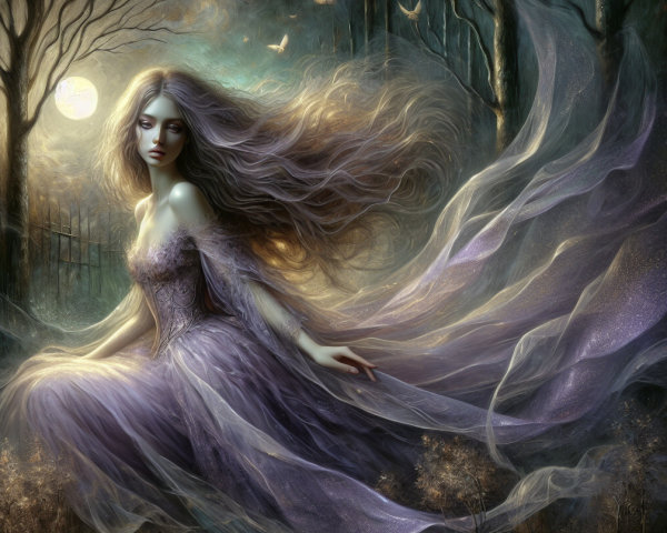Ethereal Figure in a Moonlit Enchanted Forest