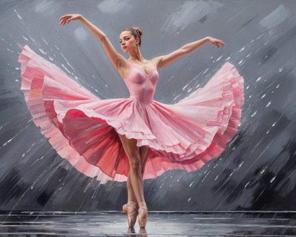 Ballerina in Pink Tutu Against Gray Water Background