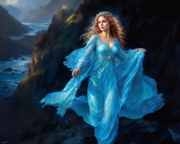 Woman in Blue Gown on Rocky Cliff by Misty Coastline