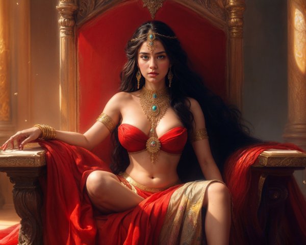Regal Woman on Ornate Throne in Red and Gold Attire