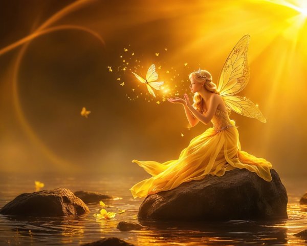 Fairy on Rock in Tranquil Water Setting with Butterflies