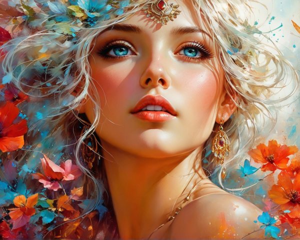 Portrait of a woman with floral crown and vibrant blossoms