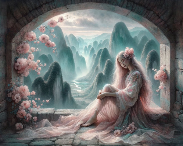Serene Figure in Stone Alcove with Pastel Landscape