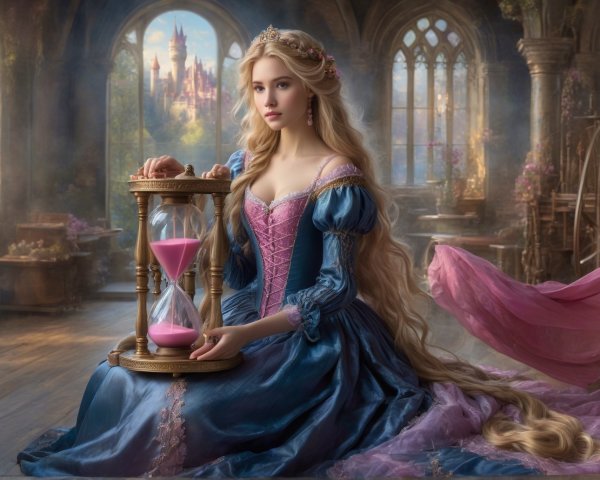 Young Woman with Hourglass in Mystical Setting