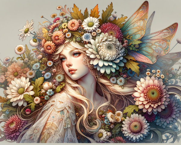 Serene Woman with Floral Crown and Colorful Flowers