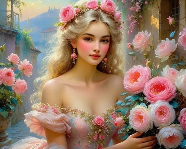 Beautiful Woman in Embroidered Dress with Roses