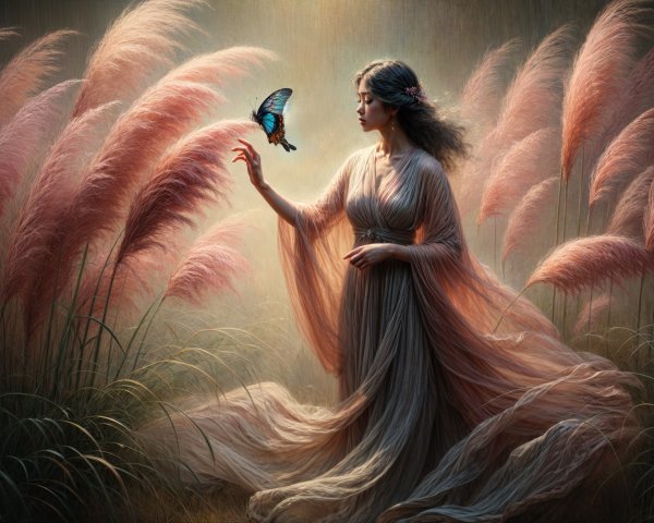 Serene Woman in Ethereal Gown with Butterfly in Grasses