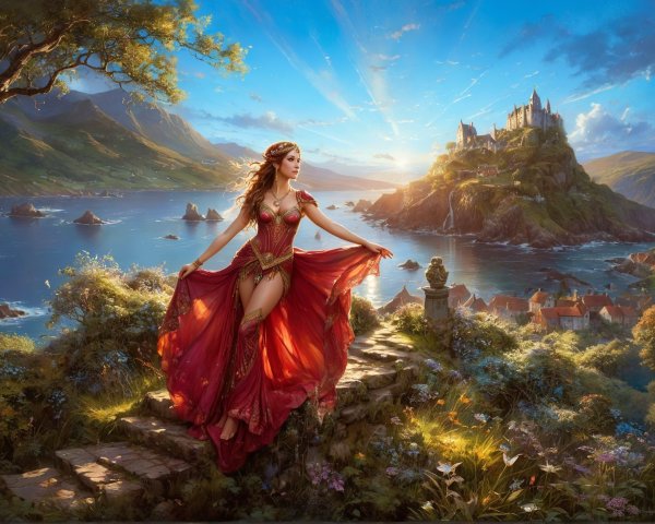 Woman in Red Gown Overlooking Scenic Fantasy Landscape