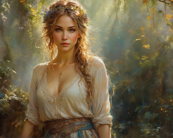 Young woman in mystical forest with ethereal light