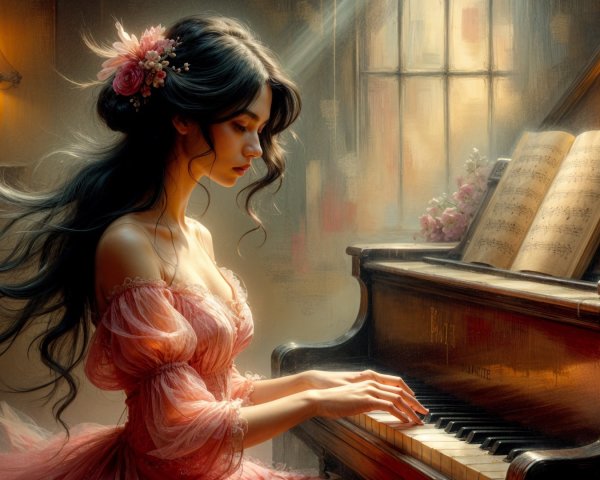 Young woman in pink dress playing grand piano indoors