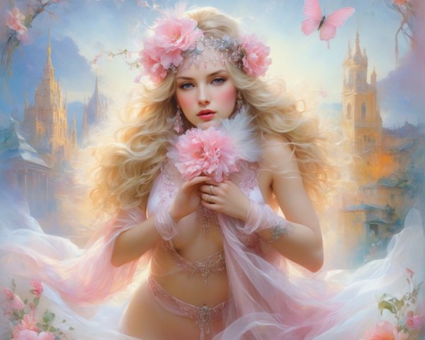 Dreamy Fantasy Scene with Serene Woman and Nature