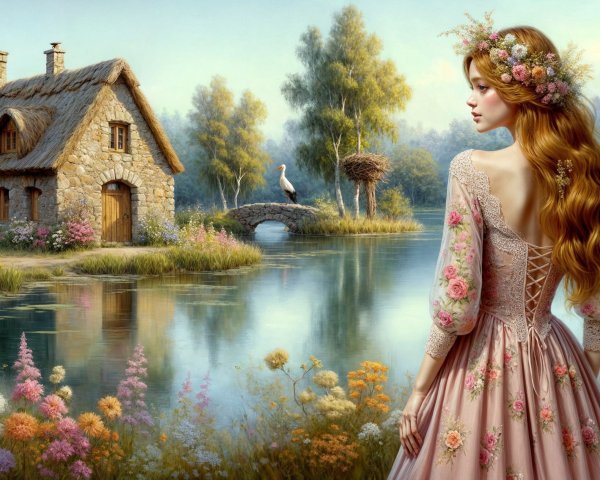 Charming Stone Cottage by Tranquil Pond Landscape