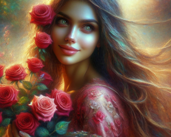 Young woman with roses in a dreamy background