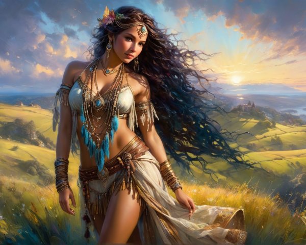 Ethereal Woman in Lush Sunlit Landscape with Flowers