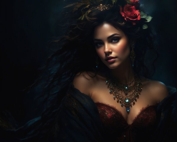 Woman with Dark Hair, Roses, and Intricate Jewelry