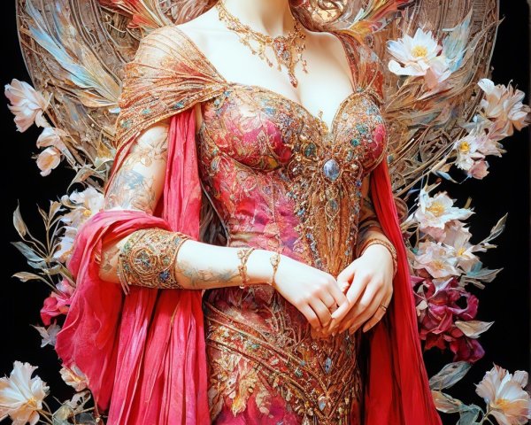 Regal Woman in Opulent Red Gown with Floral Backdrop