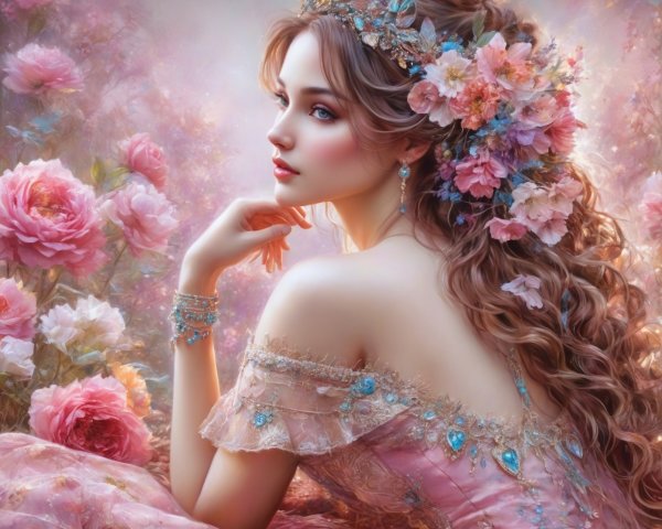 Young woman in floral gown surrounded by roses