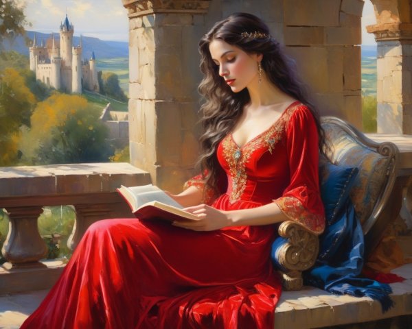 Young Woman in Red Gown on Castle Balcony Reading