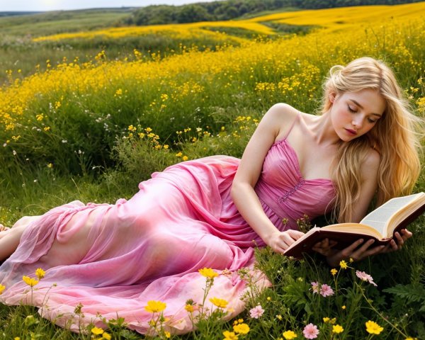 Young Woman Reading in a Field of Wildflowers
